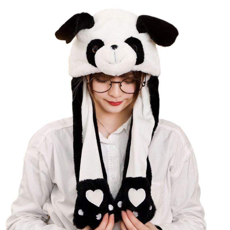 Chapeau - Casquette - Bonnet Kawaii Children Adult Short Plush Cute 3D Cartoon Panda Animal Hat with Moving Ears Double Airbag Paws Warm Earflap Cap Party Props