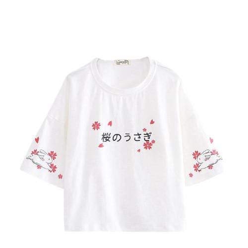 T-shirt kawaii lapin et fleurs de cerisier en blanc