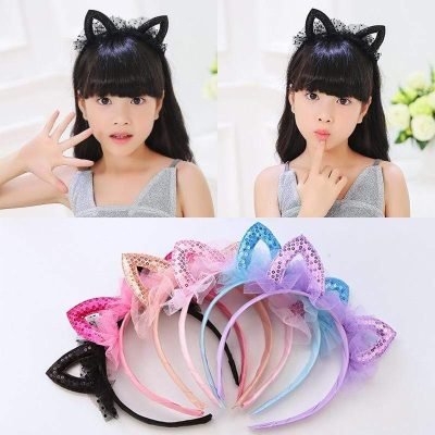 Serre Tête Novelty Kids Cat Ears mesh Headband Sequins hair head hoop band accessories cute Girl Hairband princess Crown Tiara Headwear 1pc