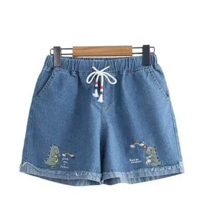 Short taille haute Kawaii - Broderie dinosaure