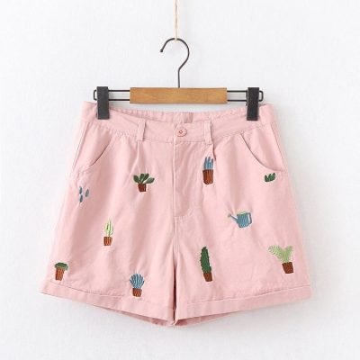 Short taille haute Kawaii - Broderie petites plantes