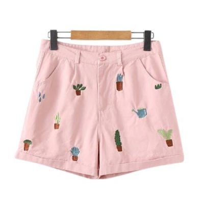 Short taille haute Kawaii - Broderie petites plantes