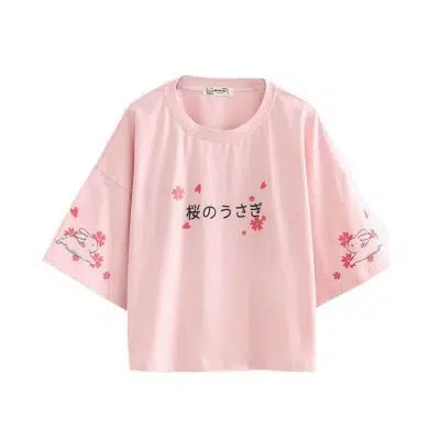 T-shirt kawaii lapin et fleurs de cerisier en rose